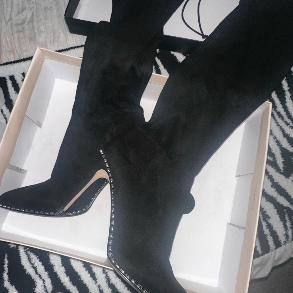 BCBGeneration Black Heeled Boots, Studded Stiletto Suede